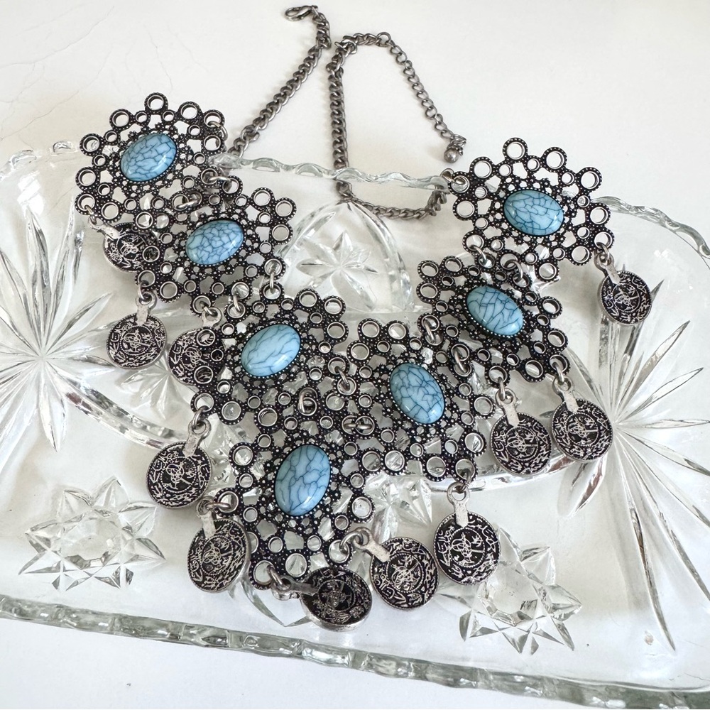 Hollister Silver and Blue Ornate Statement Bib Necklace